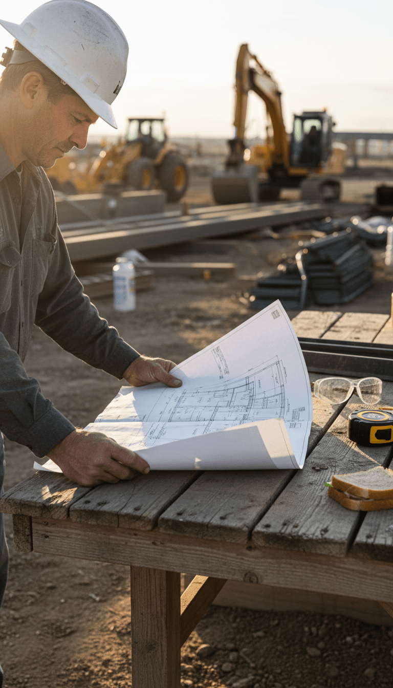Construction supervisor reviewing project blueprints on site