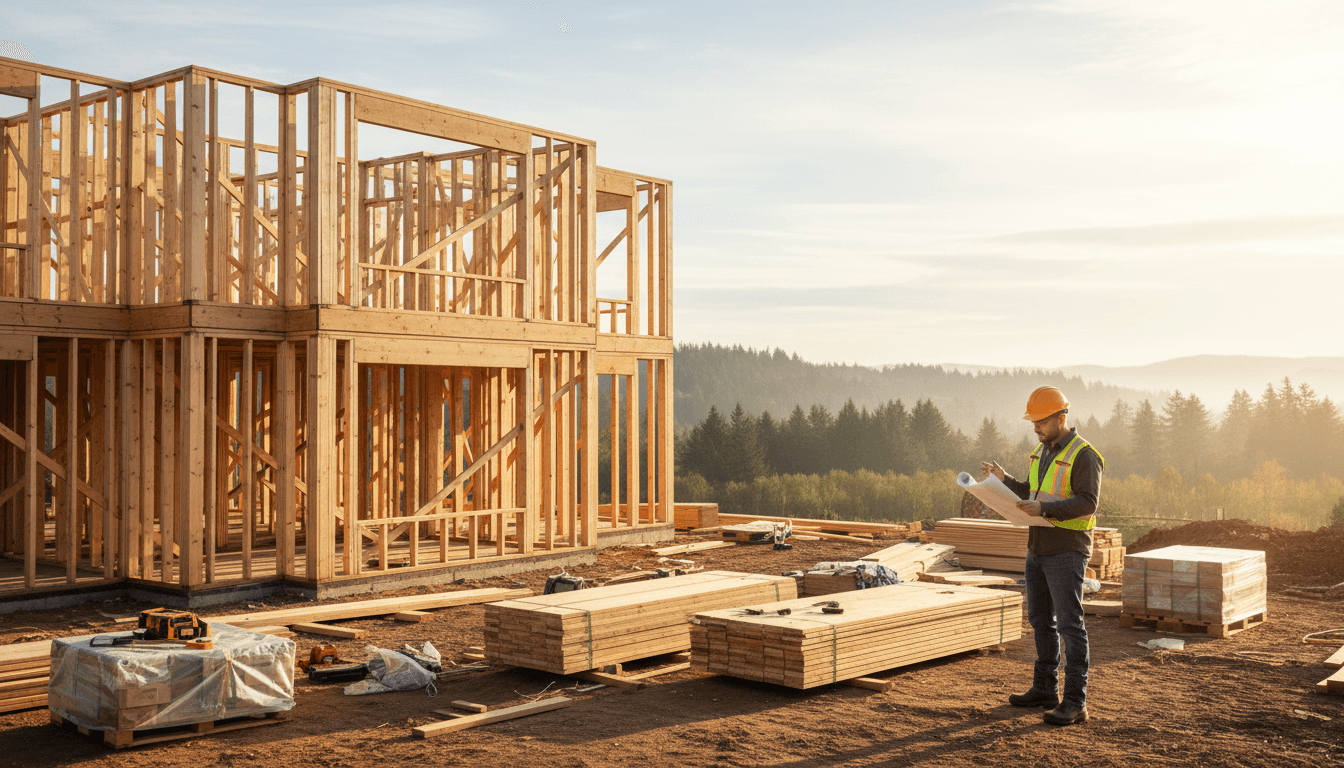 Atwood Construction framed home build in Highland with contractor reviewing plans