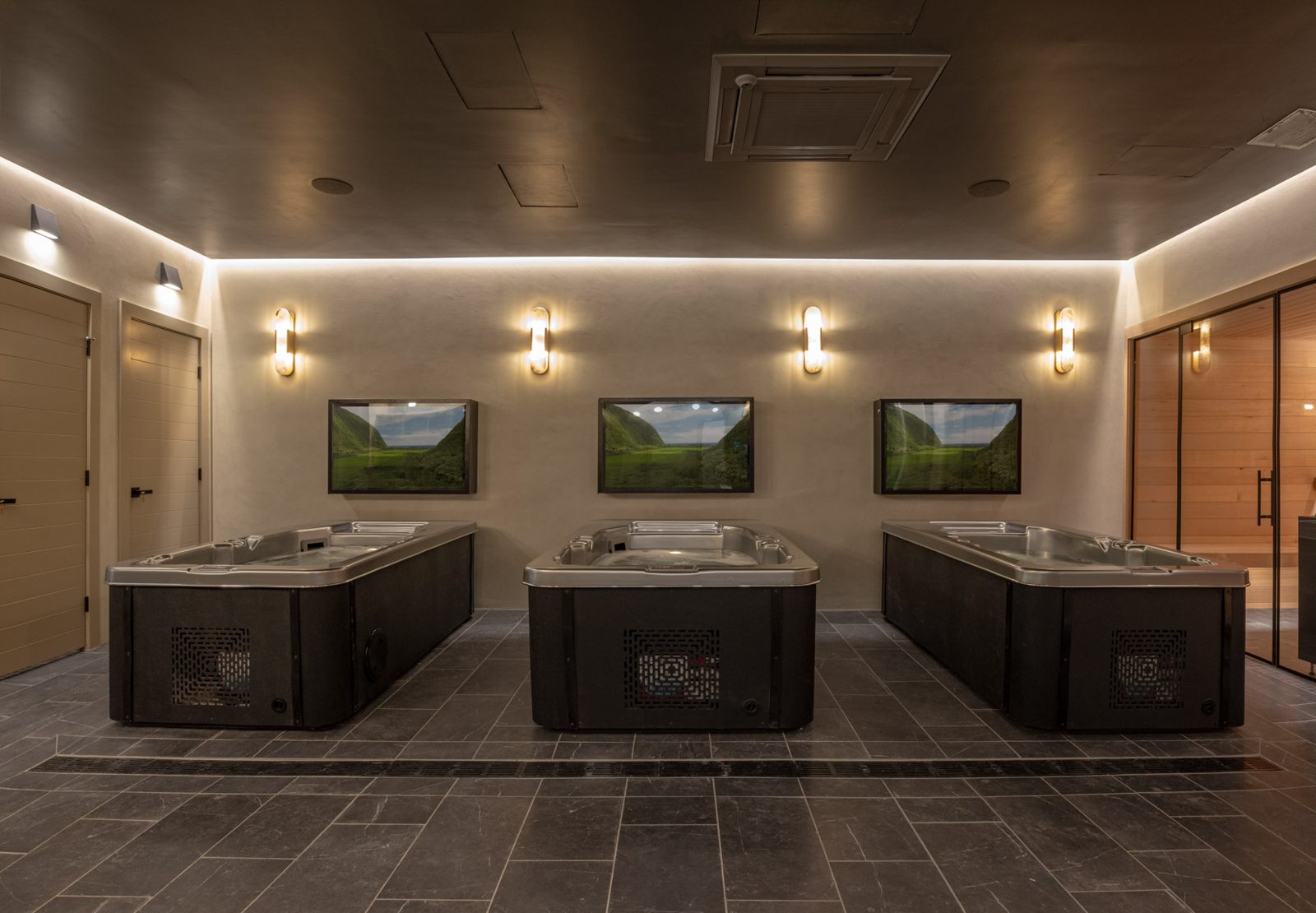 Recovery spa with three cold plunge tubs
